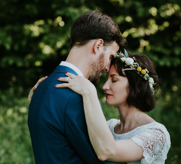 Boho Bride in Bespoke Lace Bridal Separates | Groom in Blue Suit | Chic Rustic French Wedding at Le Morimont Styled by Féelicité | Photography by Chloe