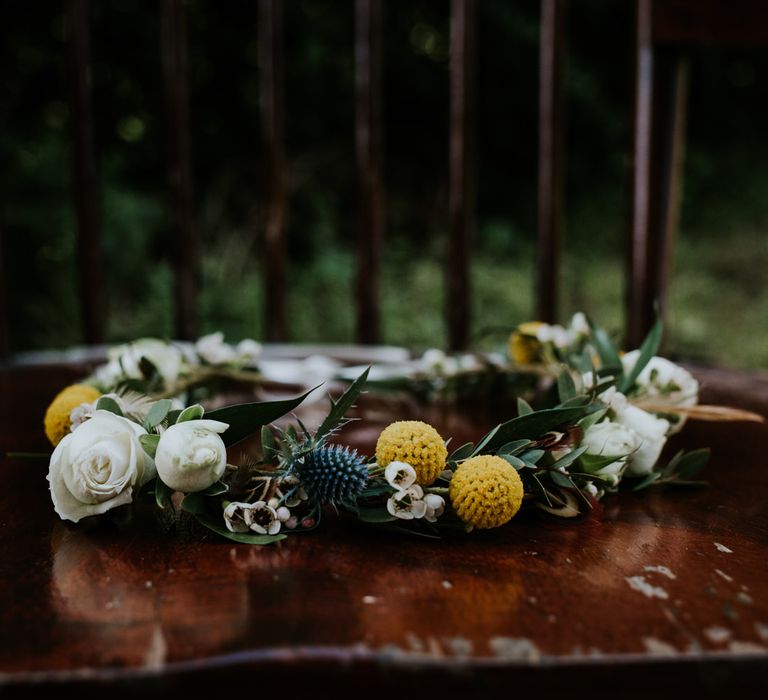 Yellow & White Flower Crown | Chic Rustic French Wedding at Le Morimont Styled by Féelicité | Photography by Chloe