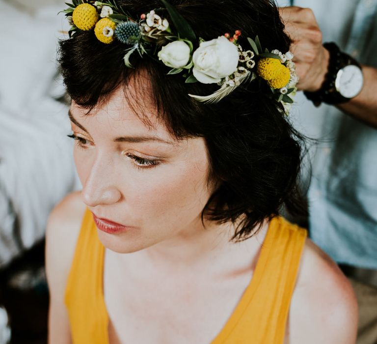 Beautiful Bride in Yellow Flower Crown | Chic Rustic French Wedding at Le Morimont Styled by Féelicité | Photography by Chloe