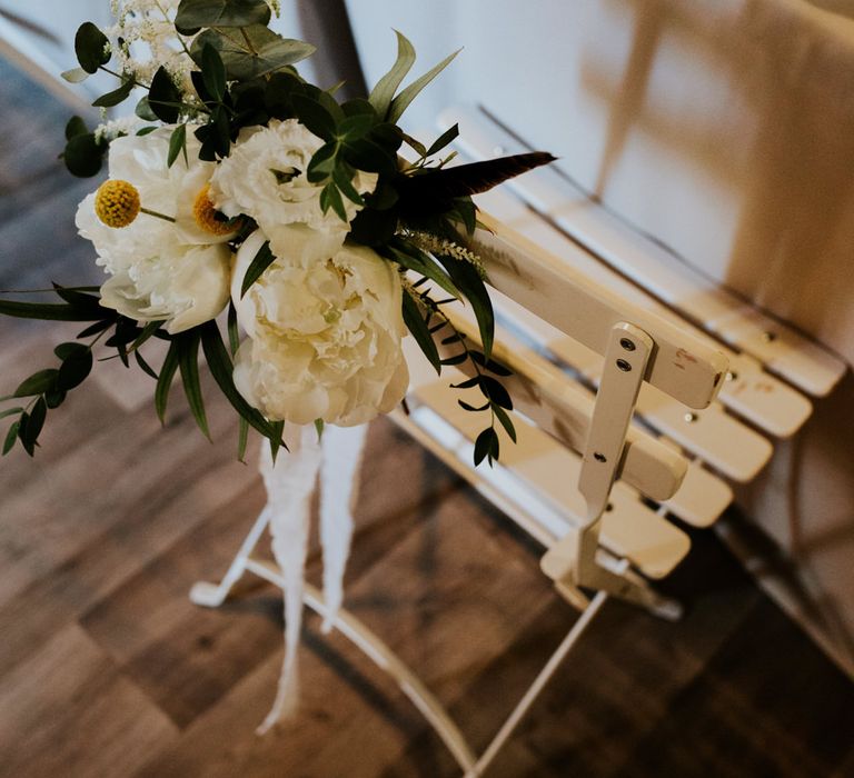 Floral Chair Back Decor | Chic Rustic French Wedding at Le Morimont Styled by Féelicité | Photography by Chloe