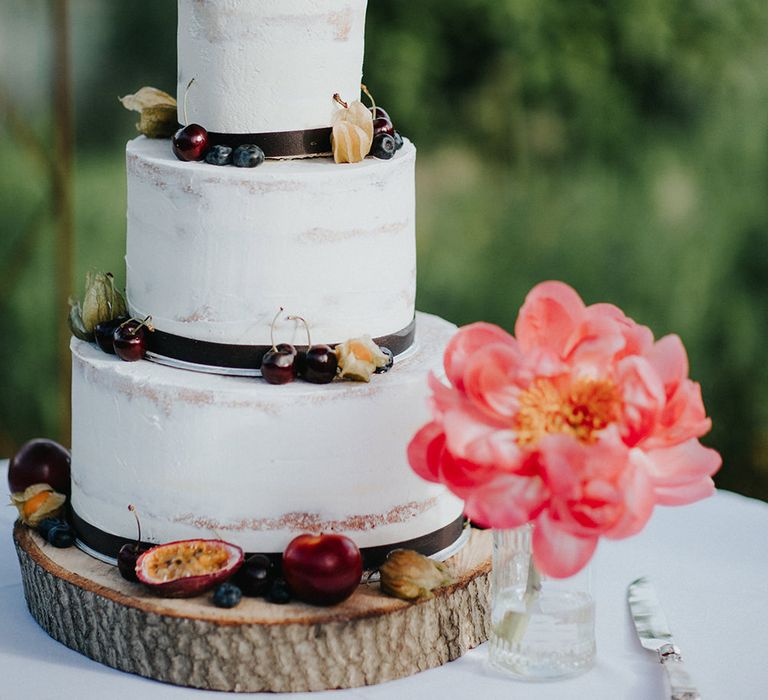 Wedding Cake on Tree Slab Cake Stand