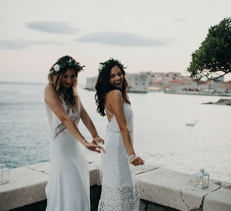 Bride in Rime Arodaky | Bridesmaid in White Lace Gown | Destination Croatia Wedding | Jere Satamo Photography