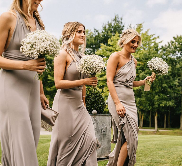 Bridesmaids in Grey ASOS Multiway Dresses | Gypsopila Bouquet | Alex Tenters Photography