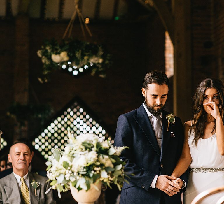 Shustoke Farm Barn Wedding Ceremony | Bride in Martina Liana Bridal Gown from Coco and Kate | Groom in Reiss Bespoke Tailoring Suit | Alex Tenters Photography