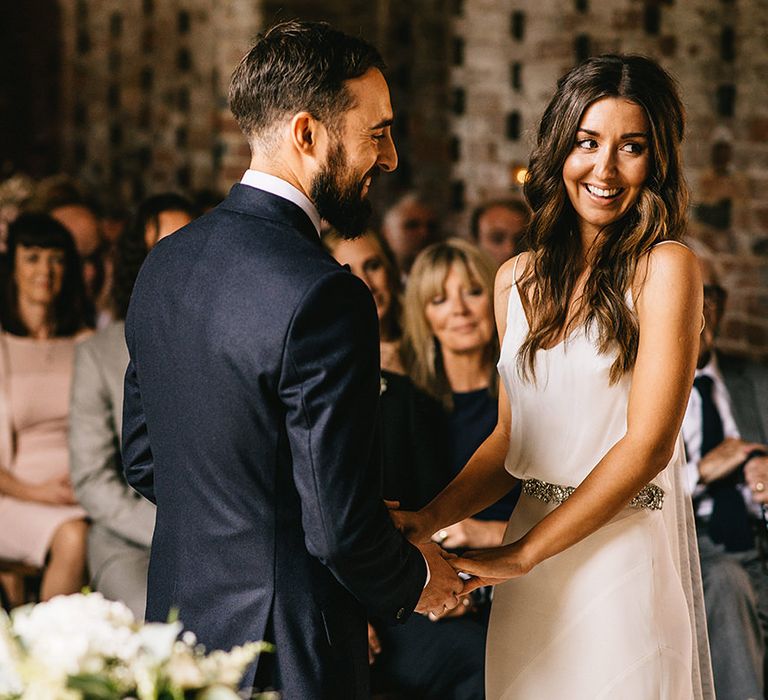 Shustoke Farm Barn Wedding Ceremony | Bride in Martina Liana Bridal Gown from Coco and Kate | Groom in Reiss Bespoke Tailoring Suit | Alex Tenters Photography