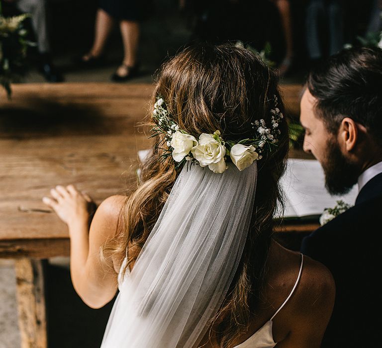 Shustoke Farm Barn Wedding Ceremony | HM Wedding Veil from Coco & Kate | Floral Bridal Up Do | Alex Tenters Photography