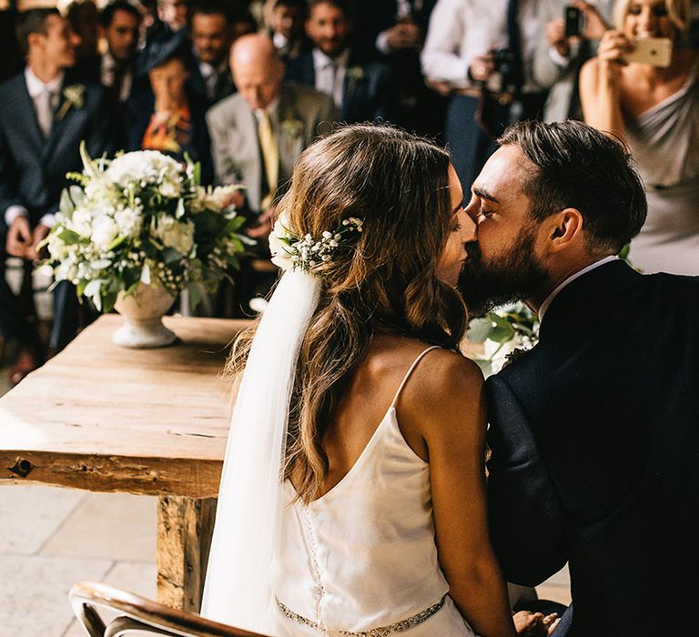 Shustoke Farm Barn Wedding Ceremony | Bride in Martina Liana Bridal Gown from Coco and Kate | Groom in Reiss Bespoke Tailoring Suit | Alex Tenters Photography