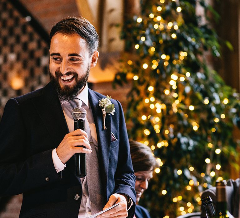 Shustoke Farm Barn Wedding Reception Speeches | Groom in Reiss Bespoke Tailoring Suit | Alex Tenters Photography