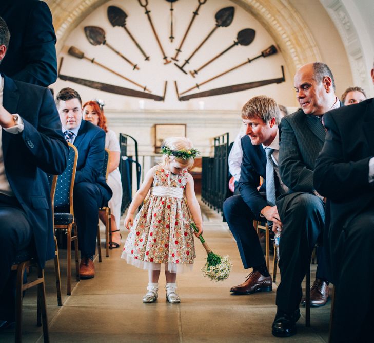 Normanton Church Rutland Water Wedding Ceremony with Flower Girl in Handmade Liberty Print Floral Dress