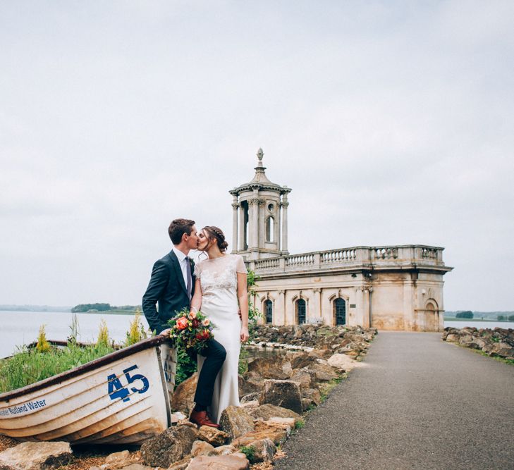 Normanton Church Rutland Water with Bride in David Fielden Wedding Dress & Groom in Reiss Suit