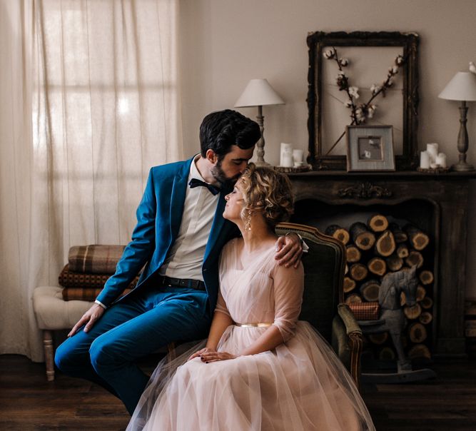 Bride in Bespoke Pink Tulle Gown & Groom in Vitale Barberis Canonico Suit