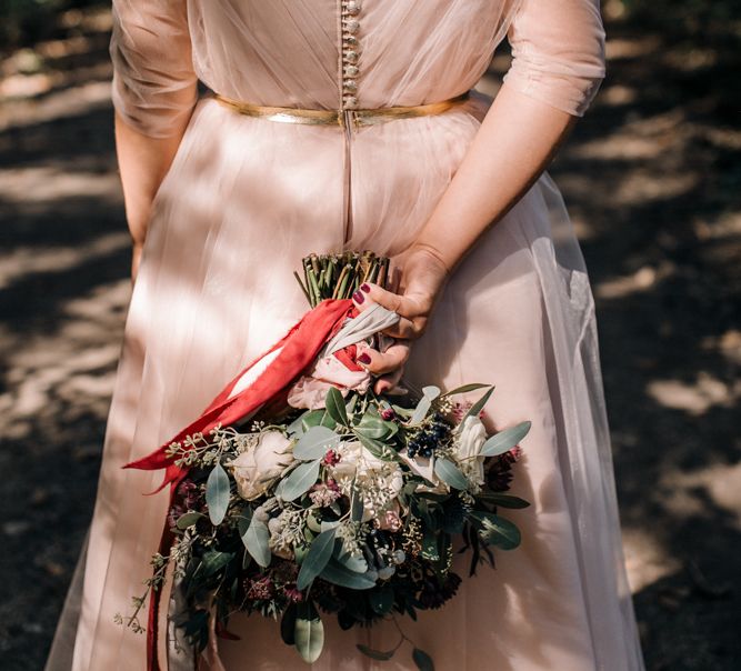 Bride in Bespoke Pink Tulle Gown & Autumnal Bouquet