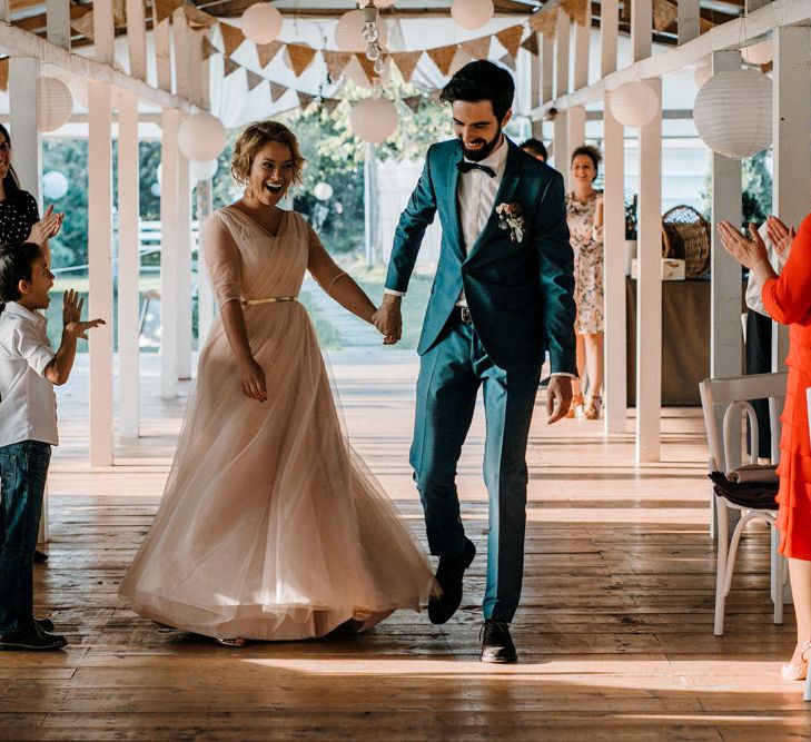 Rustic Wedding Reception with Bride in Bespoke Pink Tulle Gown & Groom in Vitale Barberis Canonico Suit