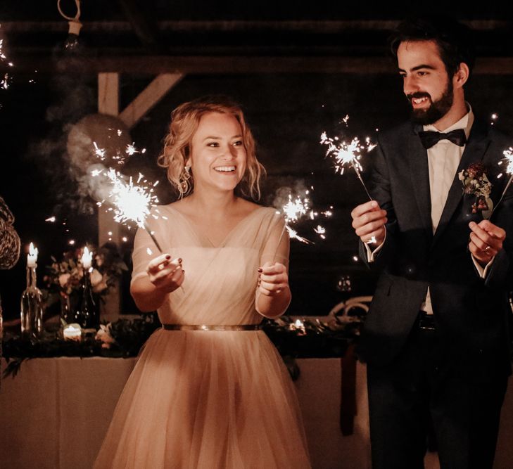 Sparkler Moment with Bride in Bespoke Pink Tulle Gown & Groom in Vitale Barberis Canonico Suit