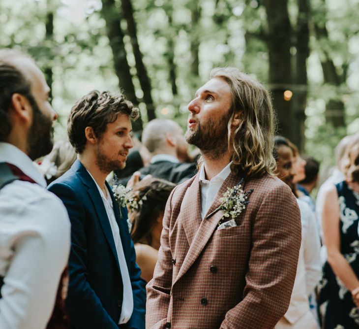 Wedding Ceremony | Groom in Brown Check Suit | Outdoor Woodland Wedding at The Dreys in Kent | Fern Edwards Photography