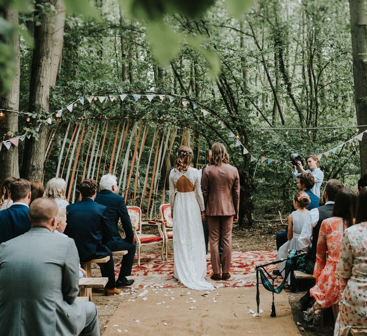 Wedding Ceremony | Bride in Grace Loves Lace | Groom in Brown Check Suit | Outdoor Woodland Wedding at The Dreys in Kent | Fern Edwards Photography