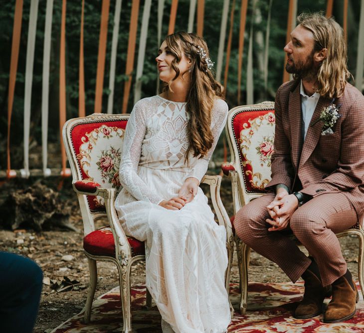 Wedding Ceremony | Bride in Grace Loves Lace | Groom in Brown Check Suit | Outdoor Woodland Wedding at The Dreys in Kent | Fern Edwards Photography