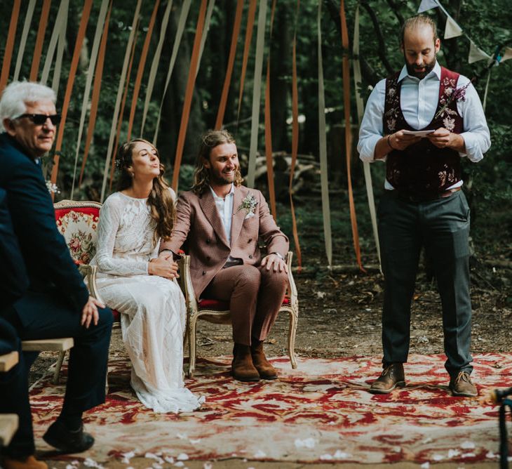 Wedding Ceremony | Bride in Grace Loves Lace | Groom in Brown Check Suit | Outdoor Woodland Wedding at The Dreys in Kent | Fern Edwards Photography