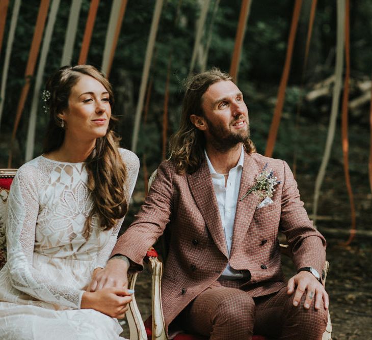 Wedding Ceremony | Bride in Grace Loves Lace | Groom in Brown Check Suit | Outdoor Woodland Wedding at The Dreys in Kent | Fern Edwards Photography