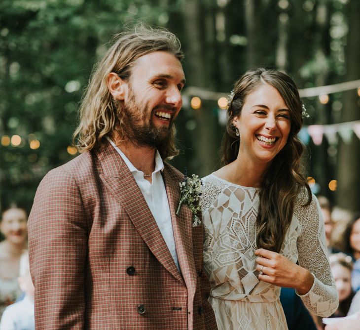 Wedding Ceremony | Bride in Grace Loves Lace | Groom in Brown Check Suit | Outdoor Woodland Wedding at The Dreys in Kent | Fern Edwards Photography