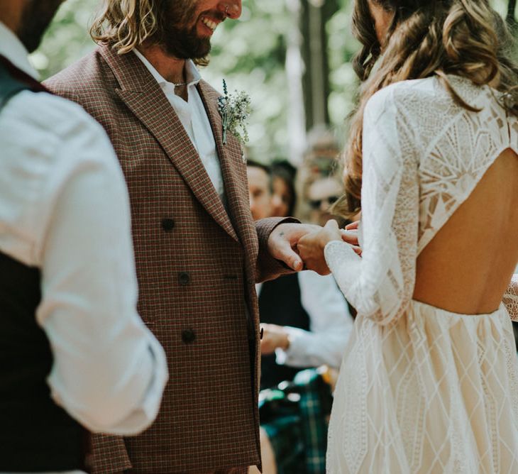 Wedding Ceremony | Bride in Grace Loves Lace | Groom in Brown Check Suit | Outdoor Woodland Wedding at The Dreys in Kent | Fern Edwards Photography