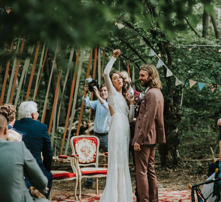 Wedding Ceremony | Bride in Grace Loves Lace | Groom in Brown Check Suit | Outdoor Woodland Wedding at The Dreys in Kent | Fern Edwards Photography