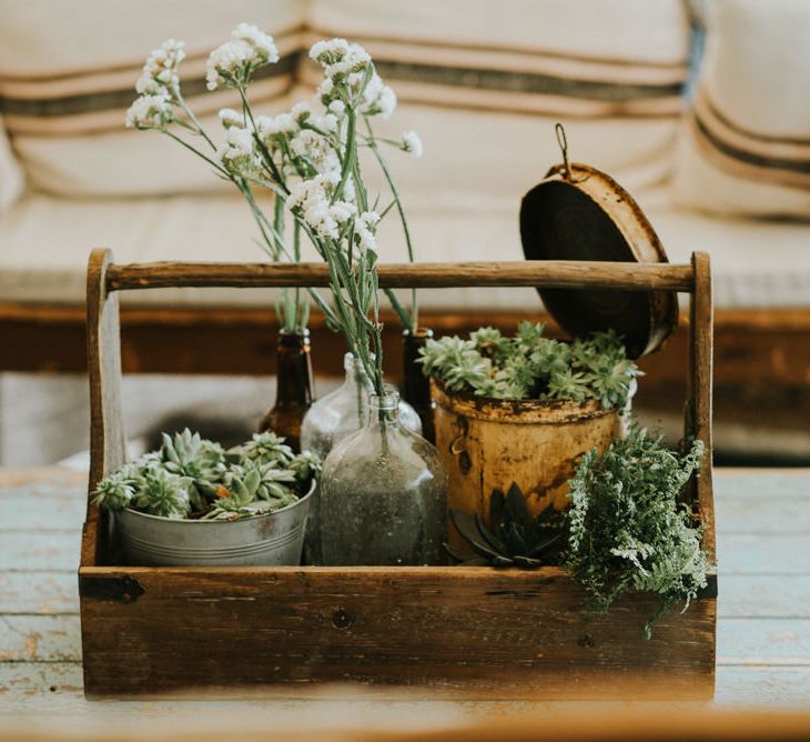 Succulents & Flower Stems in Jars Wedding Decor | Outdoor Woodland Wedding at The Dreys in Kent | Fern Edwards Photography