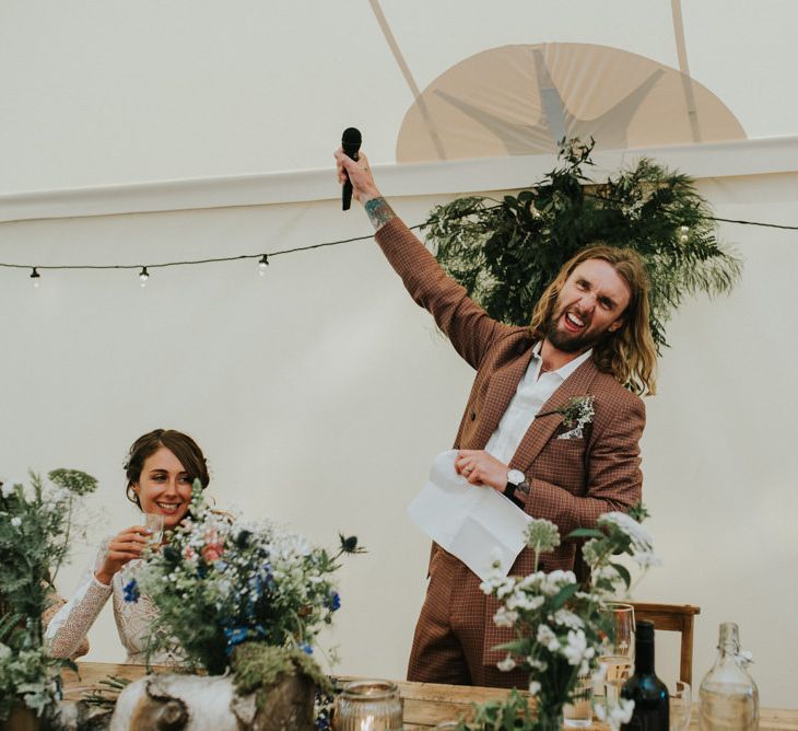 Speeches | Groom in Brown Check Suit | Outdoor Woodland Wedding at The Dreys in Kent | Fern Edwards Photography