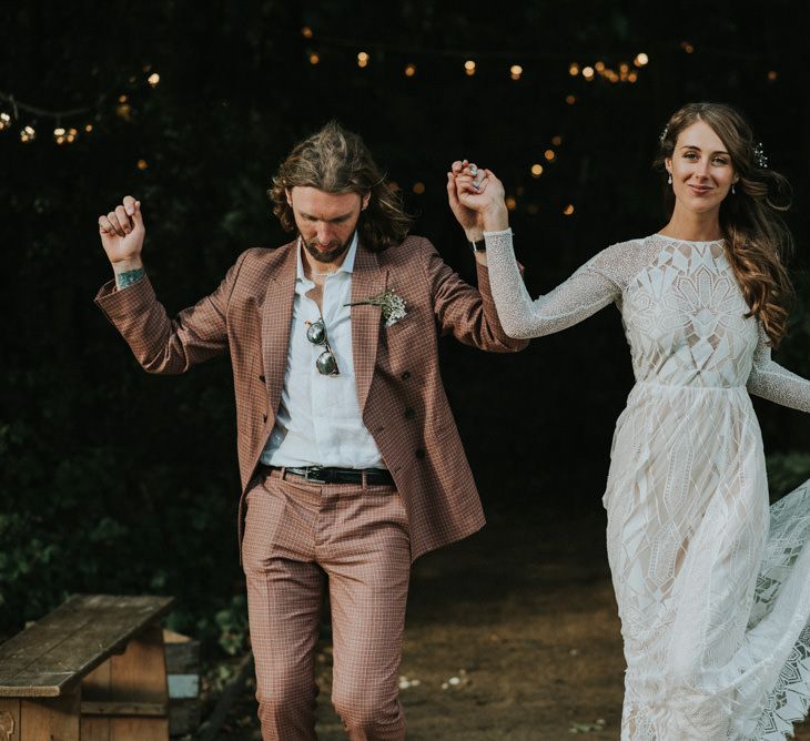 Bride in Grace Loves Lace Gown | Groom in Brown Check Suit | Outdoor Woodland Wedding at The Dreys in Kent | Fern Edwards Photography