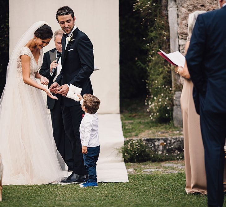 Bride in Customised David Fielden Wedding Dress and Groom in Cad & The Dandy Suit Wedding Ceremony