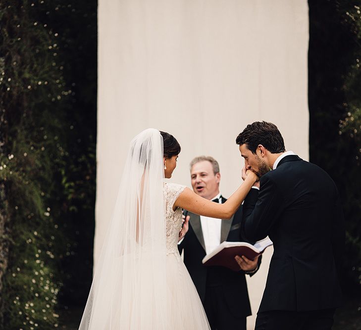 Bride in Customised David Fielden Wedding Dress and Groom in Cad & The Dandy Suit Wedding Ceremony