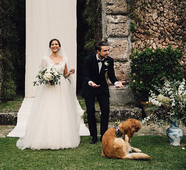 Bride in Customised David Fielden Wedding Dress and Groom in Cad & The Dandy Suit with Pet Golden Retriever