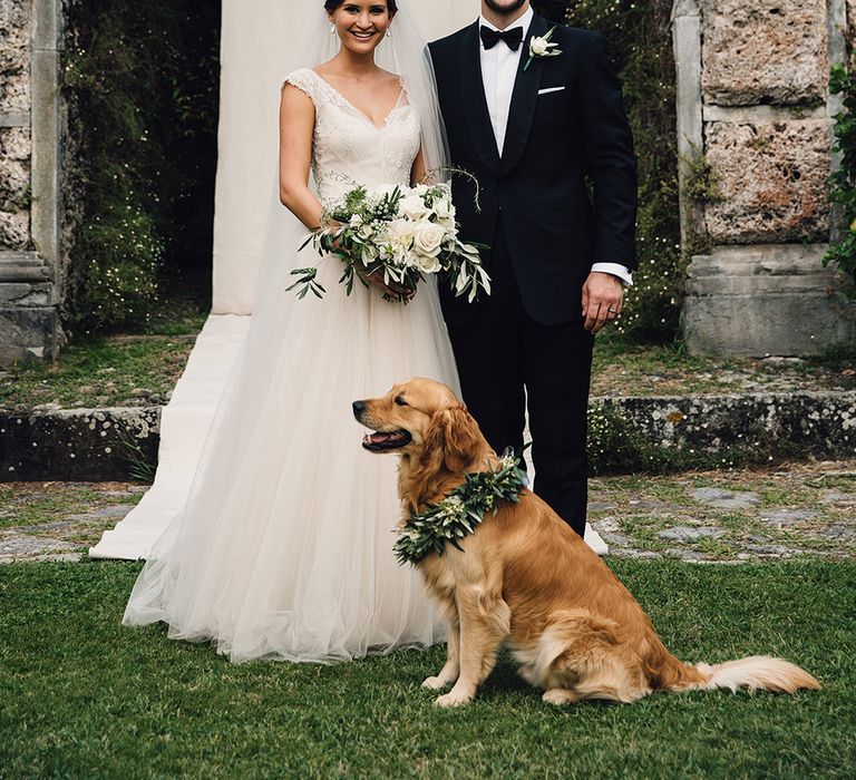 Bride in Customised David Fielden Wedding Dress and Groom in Cad & The Dandy Suit with Pet Golden Retriever