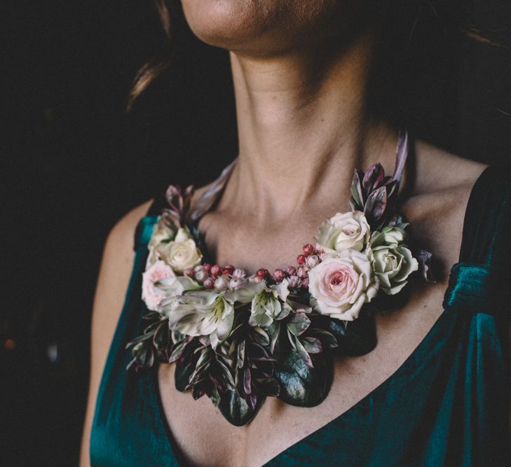 Statement Necklace For Bridesmaid | Dark Hues For An Intimate Wedding Inspiration Shoot At The Green Man Winchester With Stationery By Geri Loves Emi And Images From Carrie Lavers Photography