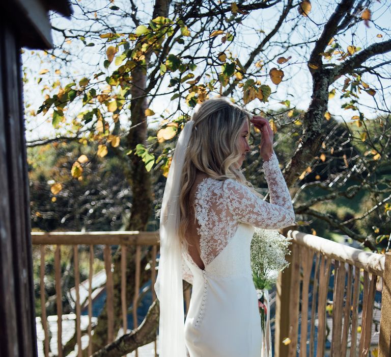 Bride In Bespoke Dress With Lace Long Sleeves & Deep V Back