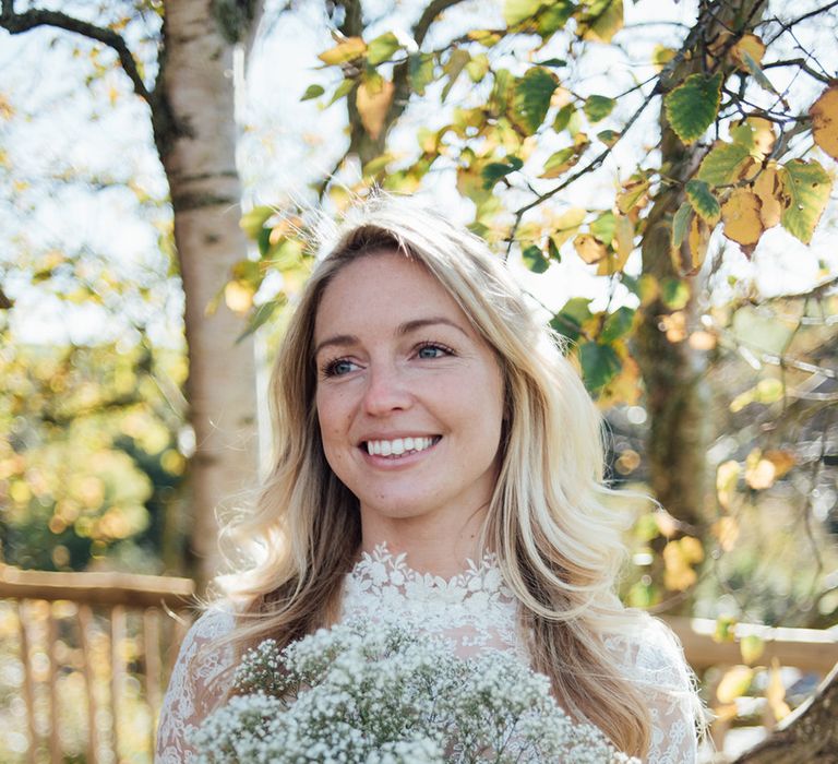 Bride In Bespoke Dress With Lace Long Sleeves & Deep V Back