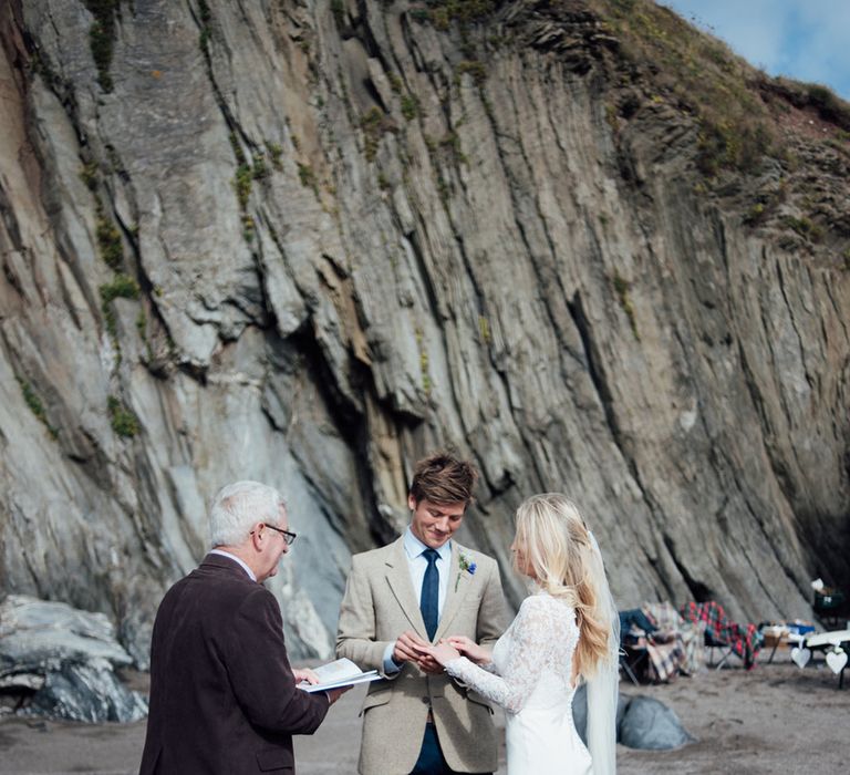 Intimate Beach Elopement In Devon With Bride In Bespoke Dress & Images By Liberty Pearl Photography