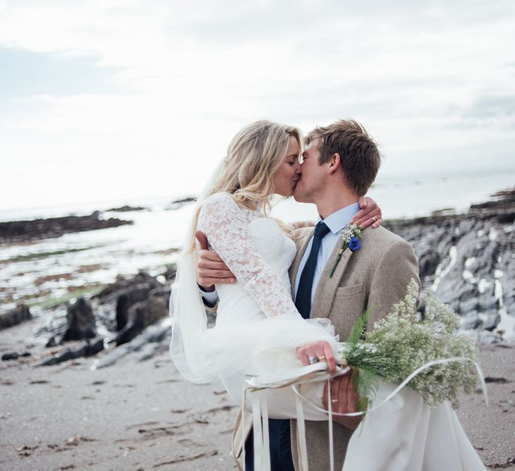 Intimate Beach Elopement In Devon With Bride In Bespoke Dress & Images By Liberty Pearl Photography