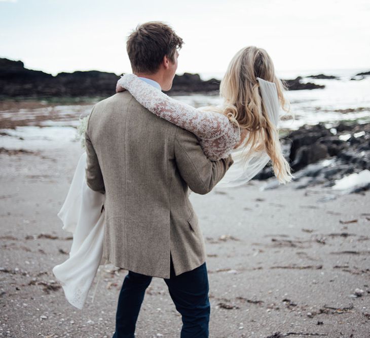 Intimate Beach Elopement In Devon With Bride In Bespoke Dress & Images By Liberty Pearl Photography