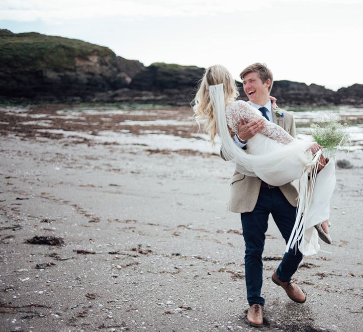 Intimate Beach Elopement In Devon With Bride In Bespoke Dress & Images By Liberty Pearl Photography