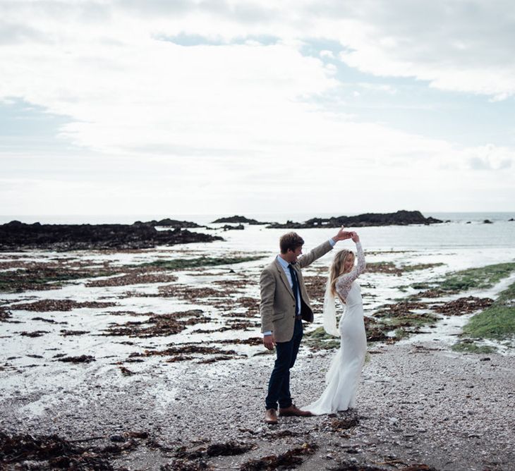 Intimate Beach Elopement In Devon With Bride In Bespoke Dress & Images By Liberty Pearl Photography