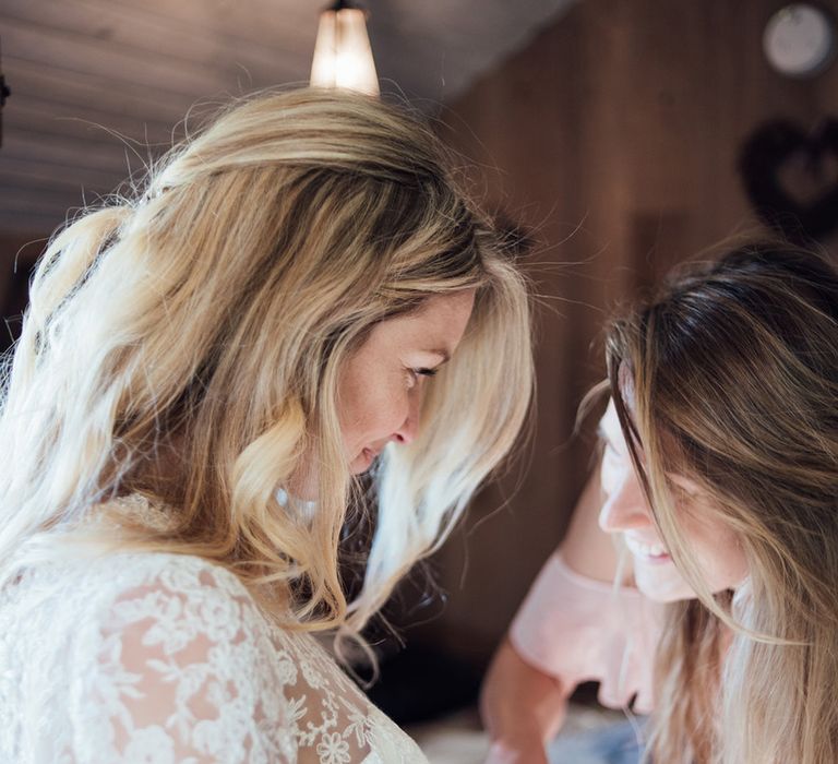 Bride In Bespoke Dress With Lace Long Sleeves & Deep V Back