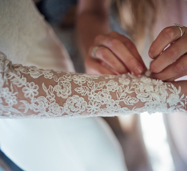 Bride In Bespoke Dress With Lace Long Sleeves & Deep V Back