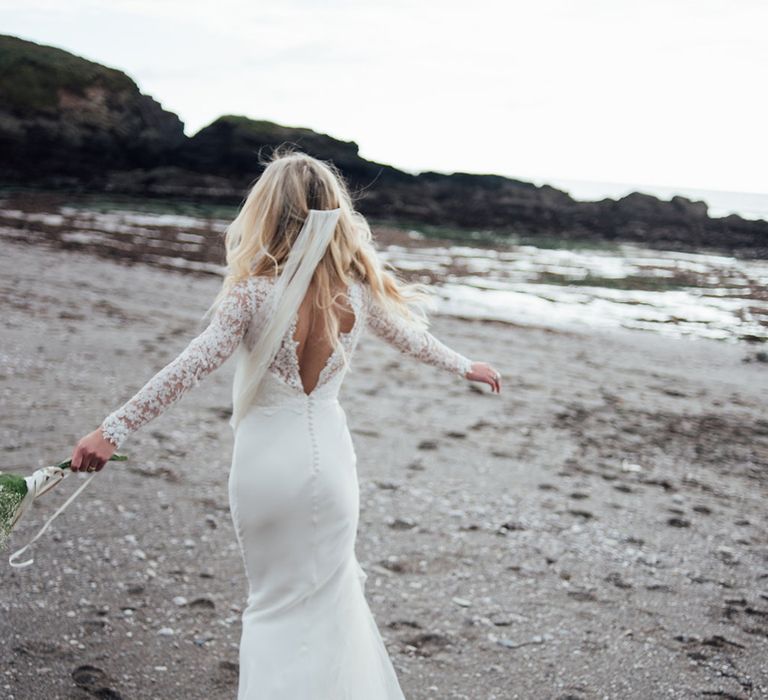 Intimate Beach Elopement In Devon With Bride In Bespoke Dress & Images By Liberty Pearl Photography