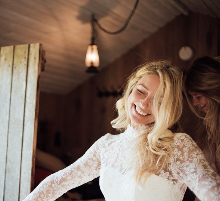 Bride In Bespoke Dress With Lace Long Sleeves & Deep V Back