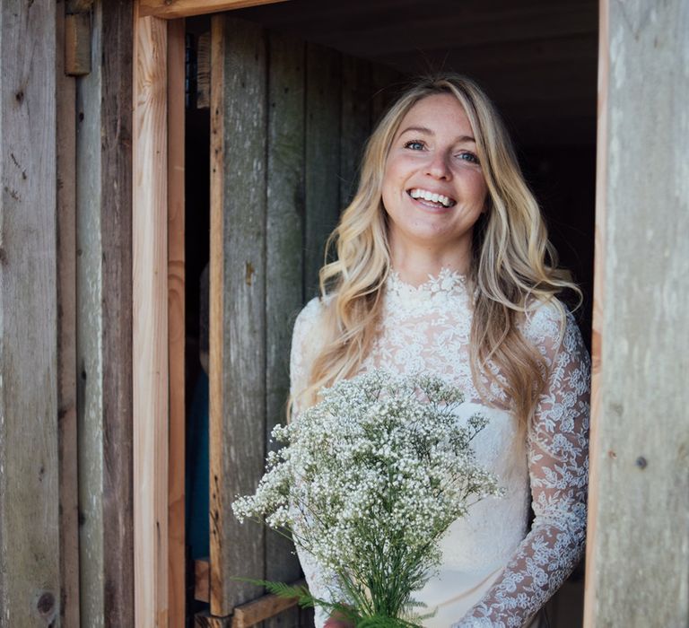 Bride In Bespoke Dress With Lace Long Sleeves & Deep V Back