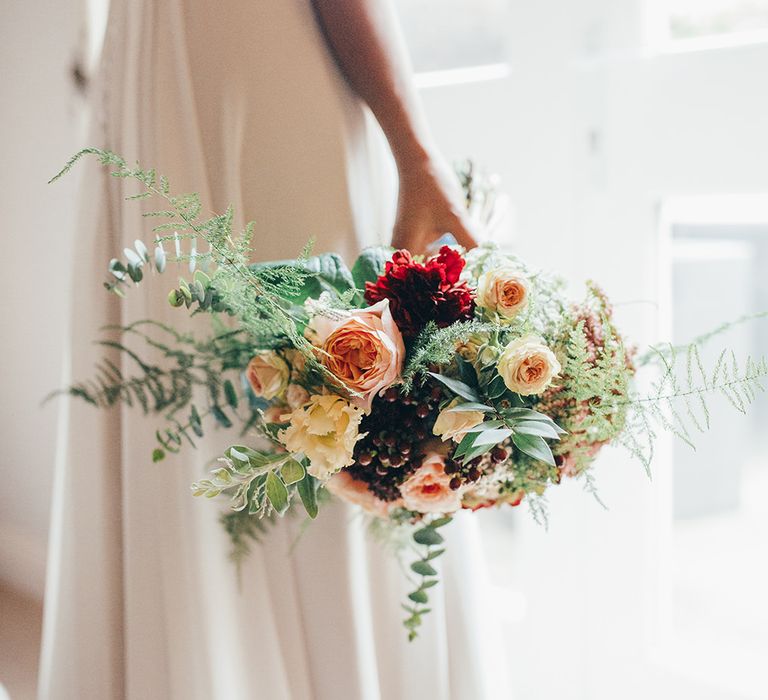 Bride in Etsy Bridal Gown & Autumnal Bouquet