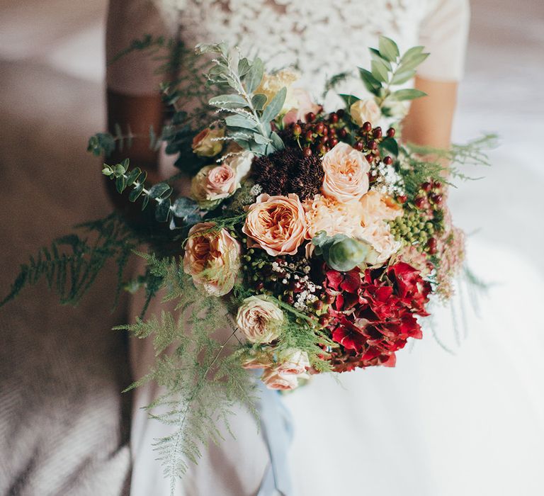 Bride in Etsy Bridal Gown & Autumnal Bouquet