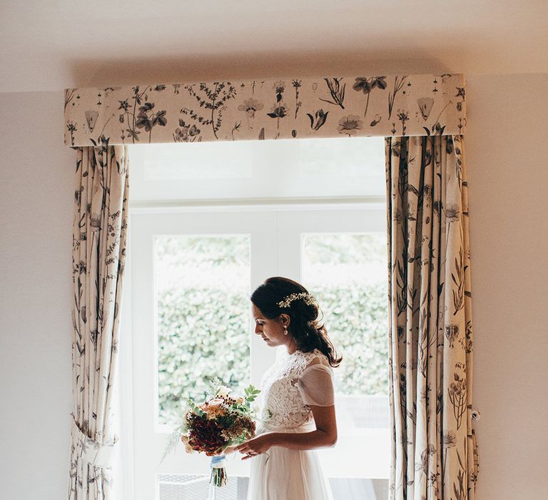 Bride in Etsy Bridal Gown & Autumnal Bouquet