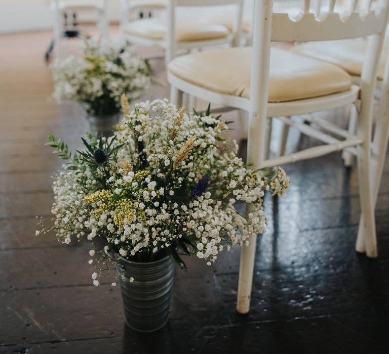 Gyspophila in Rustic Pales as Aisle Decor